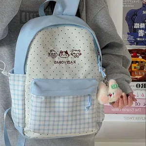 Japanese Style Cute Plaid Polka Dot Student Backpack Casual Nylon School Bag Cartoon Printed Bookbag For Girls