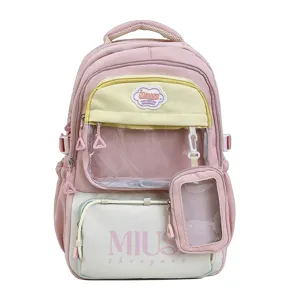 Japanese style pink student backpack with clear window pockets and multi pockets school bag.