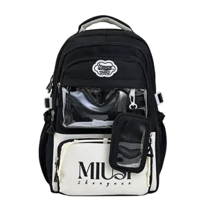 Japanese style black and white student backpack with transparent window and small hanging pouch detail