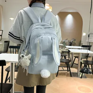 Cute Japanese style blue backpack for women and teens with long bunny ears and plush tail.