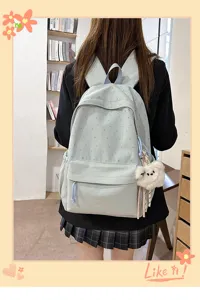 Niedlicher Canvas Schulrucksack fuer Damen taeglicher Freizeitrucksack mit Sternen und Anhaenger