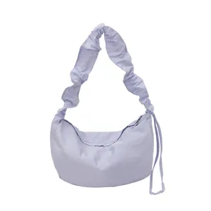 Lightweight purple nylon dumpling shoulder bag, casual pleated crossbody bag for daily commute.