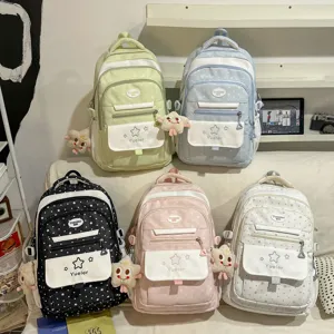 Sac à dos collège style japonais mignon motif étoile multi-poches pour jolies adolescentes