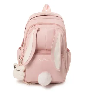 Pink cute bunny ears backpack with plush tail for school and casual daily use, sweet style.