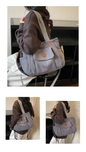 Casual corduroy tote bag for women, versatile shoulder crossbody bag with pockets and wide strap.