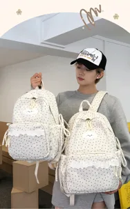 Detail view of a cute star-patterned corduroy backpack with cloud patch and lace trim.