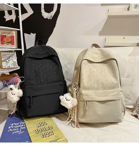 Koreanischer Stil süßer Studenten Freizeit Rucksack Detailansicht mit plüschigem Bär Anhänger.