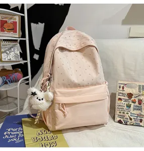 Rosa Segeltuch Schulrucksack mit Sternenmuster, Freizeittasche Detail für Studenten und Reisen.