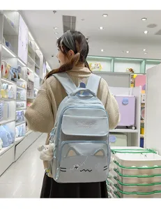 Cute cat embroidered school backpack for women students, Japanese style casual travel daypack.