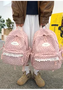 Japanese sweet pink corduroy backpack with cute star print and white cloud embroidery design.