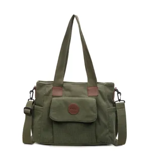 Green corduroy tote bag casual shoulder messenger bag with top handles and front pocket