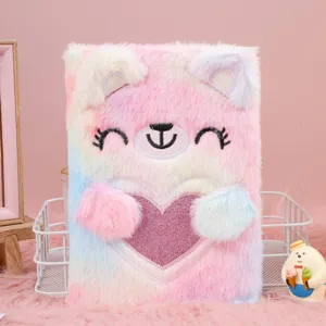 Cute fluffy plush notebook with adorable bear face and sparkly heart design for girls daily diary.