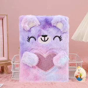 Cute plush bear notebook for girls, soft fuzzy diary book with sparkly heart, perfect gift for kids.