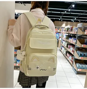 Cute cat ear canvas backpack detail view, featuring sweet embroidery and daily casual student style.
