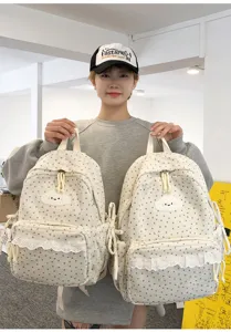 Japanese style sweet corduroy backpack for women, cute star pattern school bag with cloud patch.