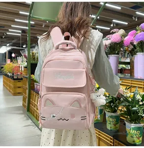 Cute pink cat school backpack for women and students, stylish casual travel daypack daily use.