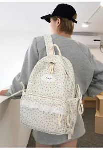 Japanese sweet corduroy backpack for women, cute star print and lace trim student school bag