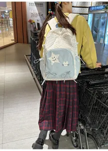 Zaino scolastico a pois carino in stile giapponese con design a stella per studenti.