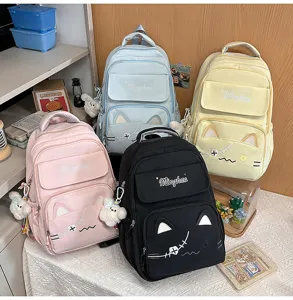 College style embroidered cute cat backpack, multi-color casual travel school bag for students.