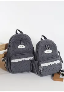 Japanese sweet corduroy backpack detail, polka dot pattern with cute cloud embroidery and lace.
