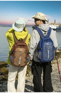 Outdoor hiking backpack close-up detail showcasing large capacity and elastic bungee cords.