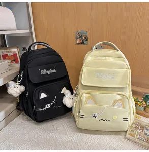 Cute cat ear canvas school backpack for students, Japanese style casual travel daypack black yellow