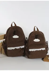 Brown corduroy backpack with cute cloud patch and lace trim, sweet style school bag for girls.