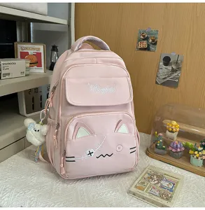 Pink cute cat style canvas school backpack for teen girls daily casual outdoor travel.