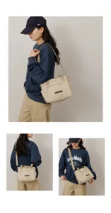 Details of casual nylon canvas crossbody bag for women, showing multi-pocket design and wear.