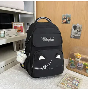 Cute cat embroidered backpack casual black school bag for teen girls and students travel