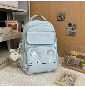 Cute cat embroidered student backpack, light blue school bookbag for girls and teens.