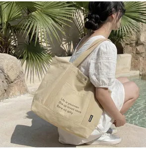 Korean style canvas tote bag for women, large capacity casual shoulder bag for daily commute.