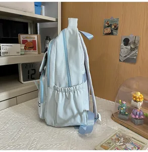 Cute cat embroidered college school backpack for women and students casual travel daypack blue