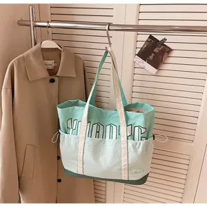 Borsa shopper in tela casual da donna, borsa a tracolla colorblock di grande capacità.