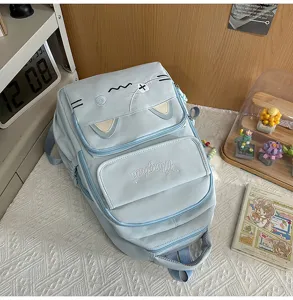 Cute cat embroidered backpack for women, Japanese college style casual school bookbag blue