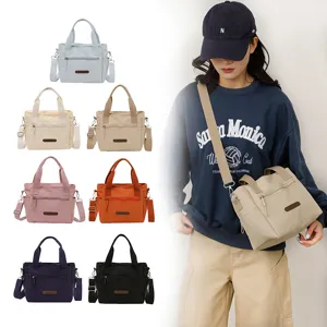 Casual nylon shoulder bag details, multi-color variants and model showcase display.