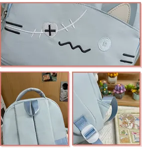 Cute cat ear student backpack, light blue casual school bag with fine embroidery details.