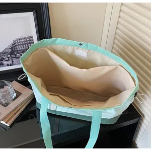 Grande borsa shopper in tela colorblock vista interna, borsa a spalla viaggio