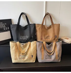 Korean style canvas tote bag, large capacity casual single shoulder handbag for daily commute.