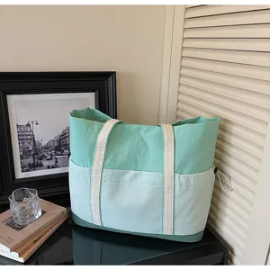 Borsa tote in tela casual da donna, grande capacità borsa a spalla da viaggio bicolore.
