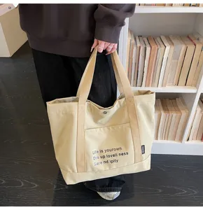 Canvas tote bag for women, large capacity casual single shoulder commuter handbag student.