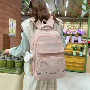 Preppy Style Cute Cat Embroidery Nylon Casual School Backpack Women Travel Bookbag Student Daypack