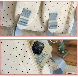 Dettaglio zaino con spallacci regolabili, fantasia a pois e comoda tasca con zip.