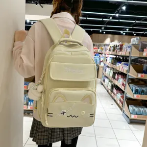 Cute cat backpack for school girls, Japanese style casual travel school bag with embroidery.