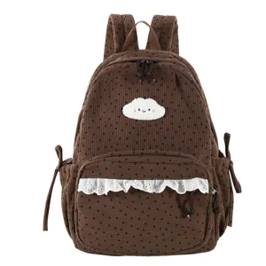 Cute brown corduroy backpack for women girls, sweet polka dot school bookbag with lace trim.