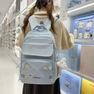 Cute cat embroidered college style backpack for schoolgirls, casual travel daily use.