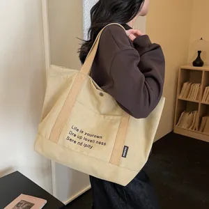 Korean Style Canvas Tote Bag Large Capacity Casual Shoulder Handbag With Zipper Pocket For College Student Commuter Daily