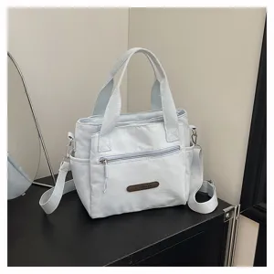 Detail view of casual nylon shoulder bag, minimalist design with front zip pocket and handles.