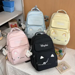 Cute cat embroidery school backpack for girls, casual multi-color student book bag daily travel.