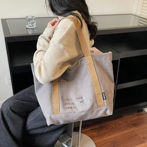 Korean style canvas tote bag for women, large capacity casual shoulder handbag for daily commute.